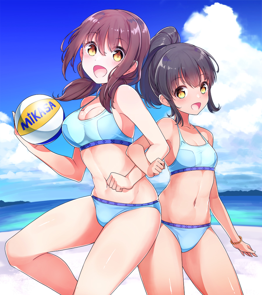 2girls :d ball bangs bare_arms bare_shoulders beach bikini blue_bikini blue_sky blush breasts brown_eyes brown_hair cleavage clouds cloudy_sky collarbone commentary_request day eyebrows_visible_through_hair hair_between_eyes halter_top halterneck harukana_receive higa_kanata high_ponytail holding holding_ball horizon konnyaku_(kk-monmon) large_breasts locked_arms long_hair looking_at_viewer low_twintails multiple_girls ocean oozora_haruka_(harukana_receive) open_mouth outdoors ponytail sand sky small_breasts smile standing standing_on_one_leg swimsuit tan twintails water