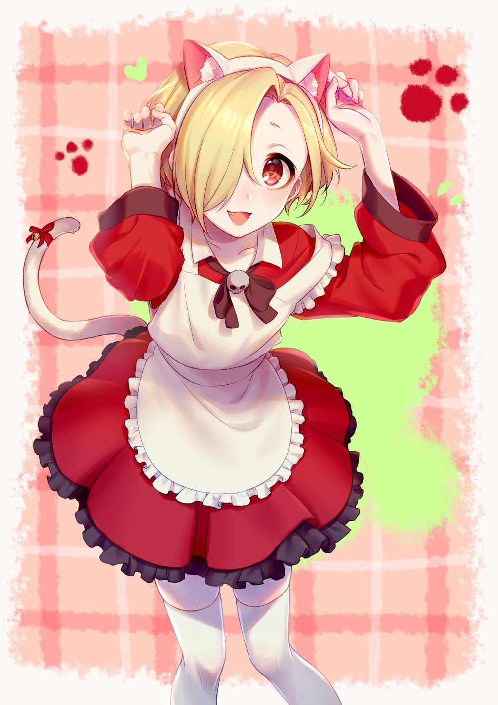 1girl :3 animal_ears apron bell black_bow blonde_hair blush bow cat_ears cat_tail commentary dress ear_piercing fake_animal_ears fake_tail fang feet_out_of_frame frilled_apron frilled_dress frills hair_over_one_eye hairband hako_(gyhujikolp) hands_up highres idolmaster idolmaster_cinderella_girls jingle_bell long_sleeves looking_at_viewer maid_apron open_mouth paw_pose piercing red_dress red_eyes red_ribbon ribbon shirasaka_koume short_hair skull smile solo symbol_commentary tail tail_ribbon thigh-highs white_legwear