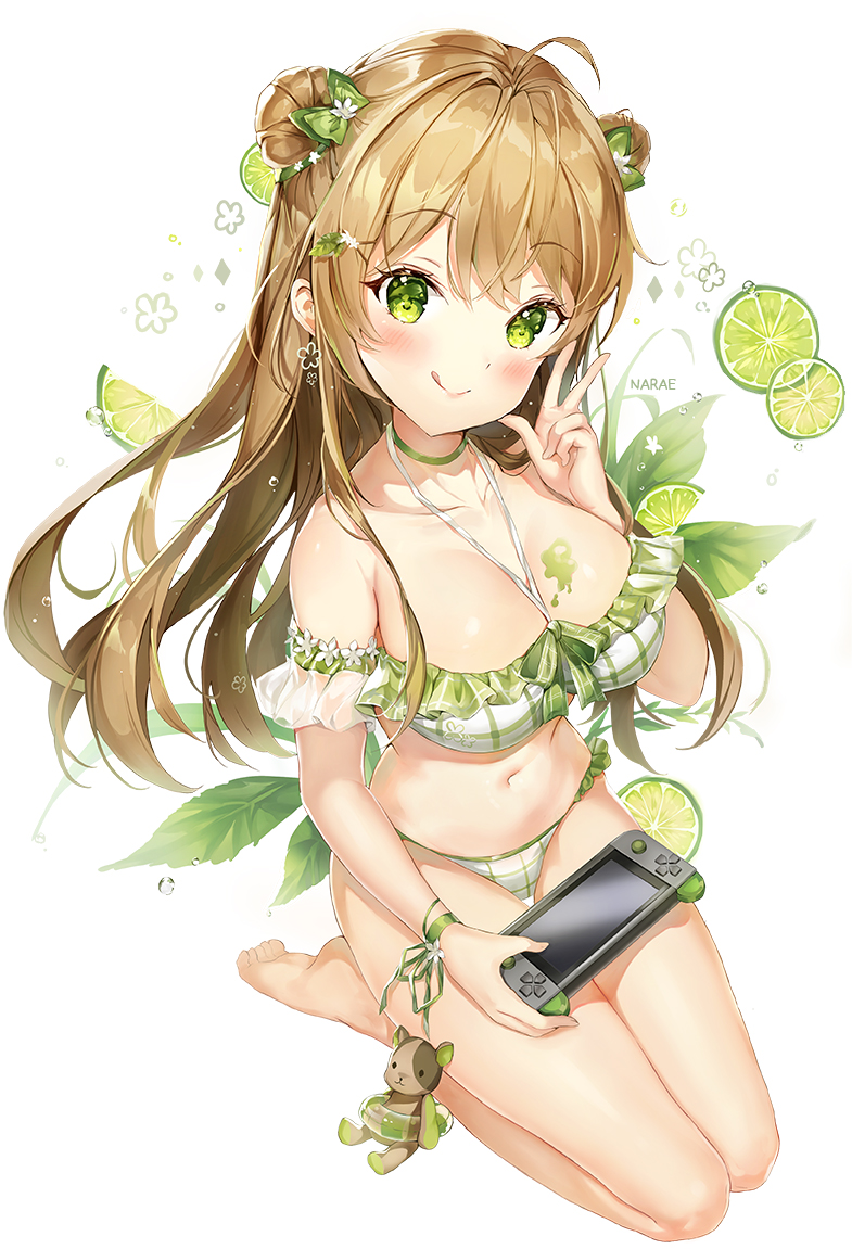 1girl ahoge artist_name bangs bare_legs bare_shoulders barefoot bikini blush bow breasts brown_hair choker cleavage collarbone commentary double_bun eyebrows_visible_through_hair food frilled_bikini frills fruit full_body girls_frontline green_eyes hair_between_eyes hair_bow hand_up handheld_game_console head_tilt holding_handheld_game_console innertube lime_(fruit) long_hair looking_at_viewer medium_breasts narae navel paint_on_body paint_splatter plaid plaid_bikini rfb_(girls_frontline) ribbon see-through seiza side_bun sidelocks sitting smile solo stomach stuffed_animal stuffed_toy swimsuit teddy_bear thighs transparent very_long_hair w white_background white_bikini wrist_ribbon