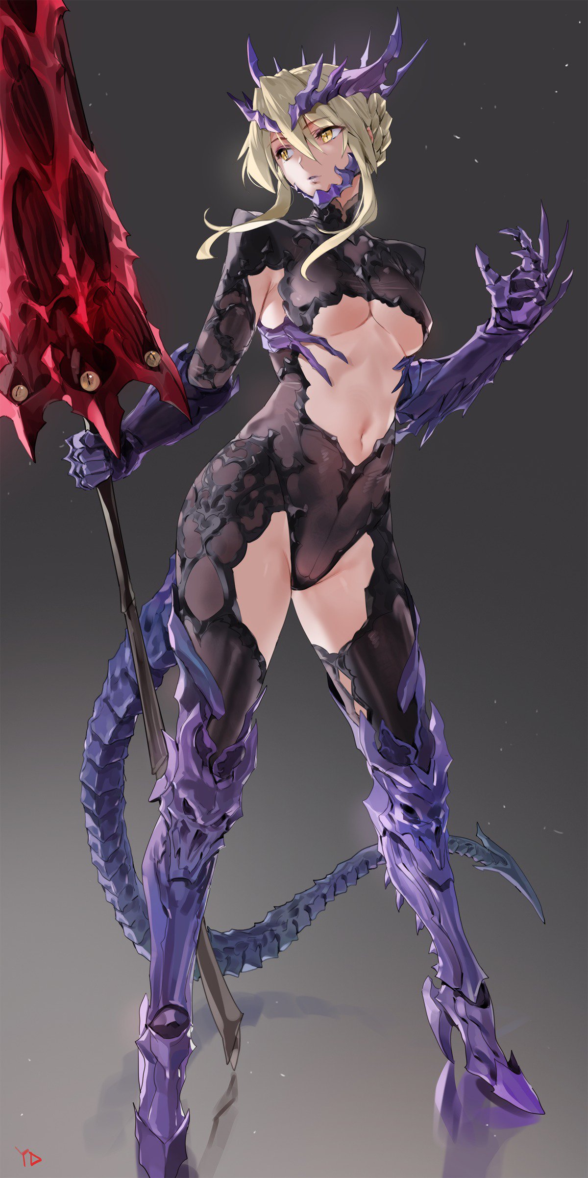 1girl absurdres armored_boots artoria_pendragon_(all) artoria_pendragon_(lancer_alter) bangs black_bodysuit blonde_hair blue_armor bodysuit boots braid breasts center_opening dark_rhongomyniad fate/grand_order fate_(series) french_braid full_body gauntlets gradient gradient_background hair_between_eyes highres horns lance long_hair looking_to_the_side medium_breasts navel polearm sidelocks solo tail thighs under_boob waist weapon yang-do yellow_eyes