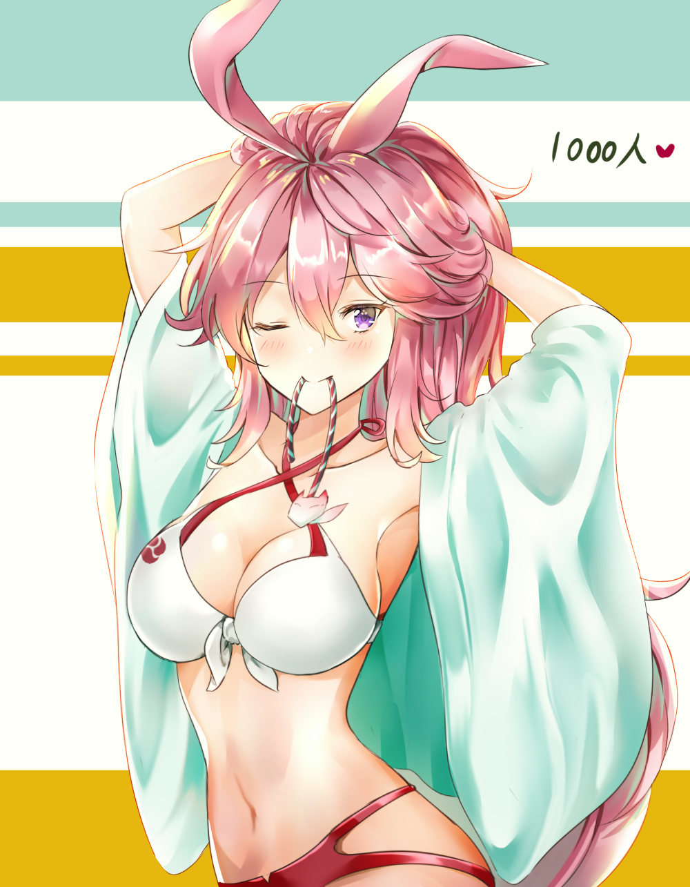 1girl ;) animal_ears arms_up benghuai_xueyuan blush breasts bunching_hair cleavage closed_mouth commentary_request criss-cross_halter front-tie_bikini front-tie_top green_jacket halterneck heart highres honkai_impact jacket long_hair medium_breasts melynx_(user_aot2846) mouth_hold navel one_eye_closed rabbit_ears red_bikini_bottom redhead short_sleeves smile solo very_long_hair violet_eyes white_bikini_top wide_sleeves yae_sakura_(benghuai_xueyuan)