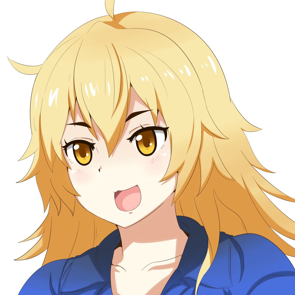 1girl ahoge blonde_hair character_request commentary_request copyright_request hair_between_eyes long_hair open_mouth shadow smile solo upper_body white_background yellow_eyes yuureidoushi_(yuurei6214)