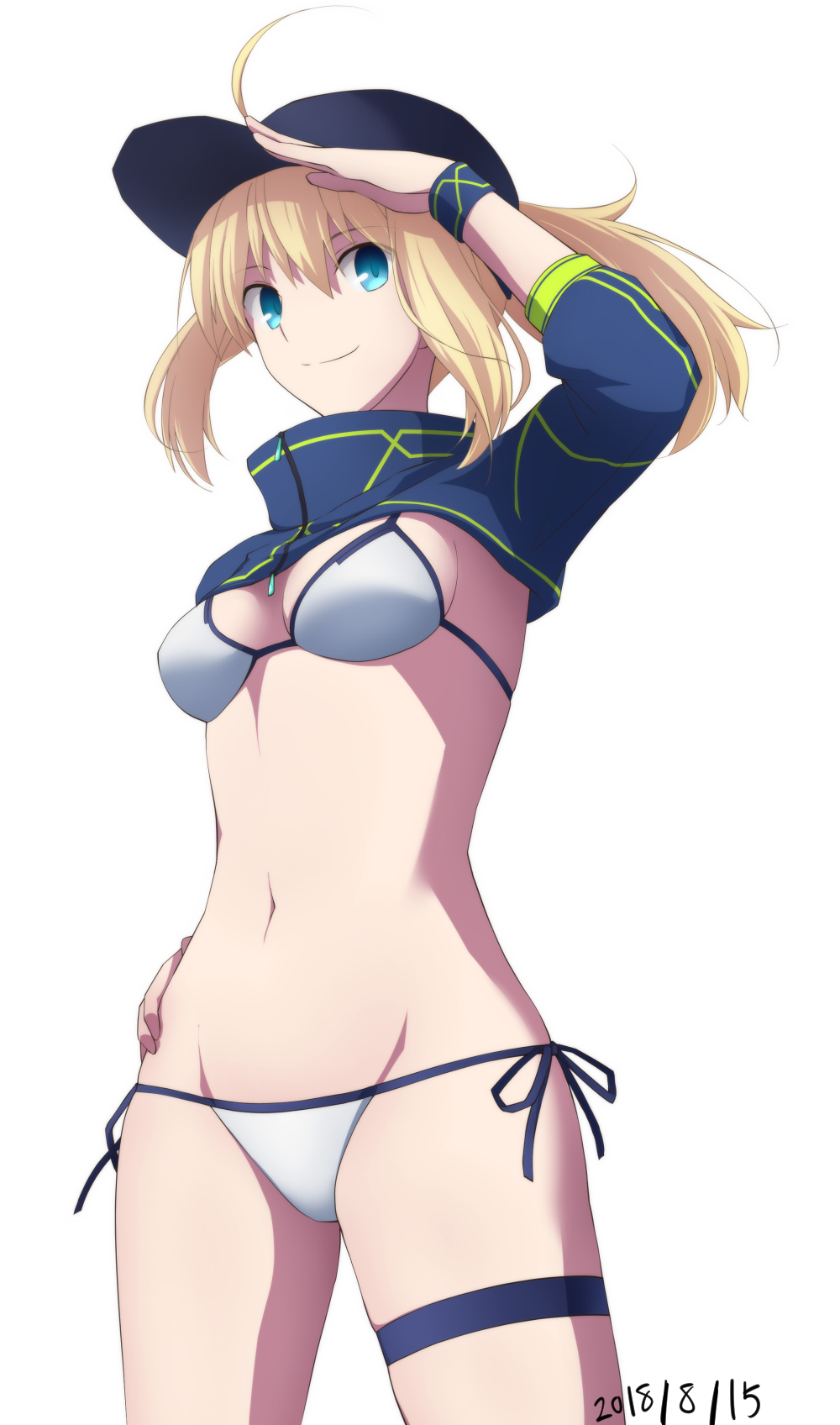 1girl artoria_pendragon_(all) bikini blonde_hair blue_eyes blue_jacket breasts cowboy_shot cropped_jacket dated fate/apocrypha fate/extra fate/extra_ccc fate/grand_order fate_(series) highres jacket long_hair looking_at_viewer medium_breasts mysterious_heroine_x mysterious_heroine_xx_(foreigner) navel pikoguramyu ponytail salute side-tie_bikini simple_background smile solo swimsuit track_jacket white_background white_bikini
