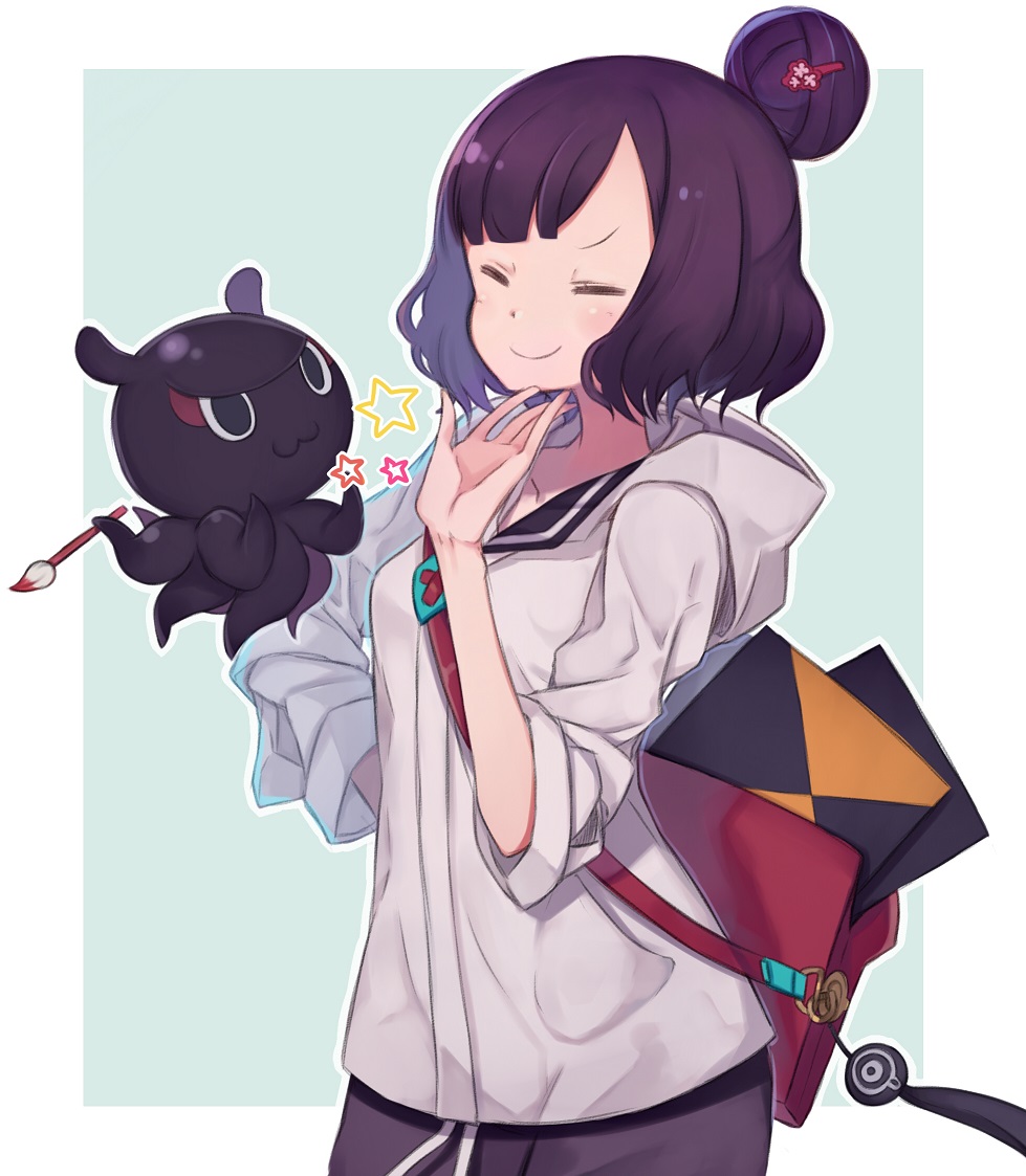 1girl bag casual closed_eyes collarbone contemporary fate/grand_order fate_(series) hair_bun hair_ornament high_five hood hoodie katsushika_hokusai_(fate/grand_order) octopus paintbrush purple_hair short_hair sketchbook smile totatokeke