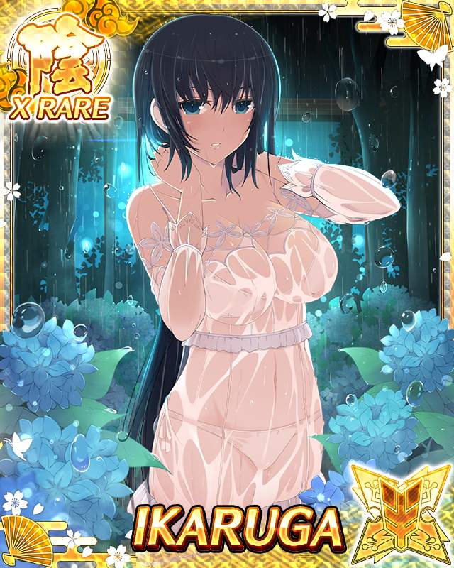 1girl black_hair blue_eyes bra breasts card_(medium) character_name dress flower ikaruga_(senran_kagura) large_breasts long_hair looking_at_viewer navel official_art panties parted_lips rain see-through senran_kagura senran_kagura_new_wave solo trading_card underwear very_long_hair wet wet_clothes wet_hair yaegashi_nan