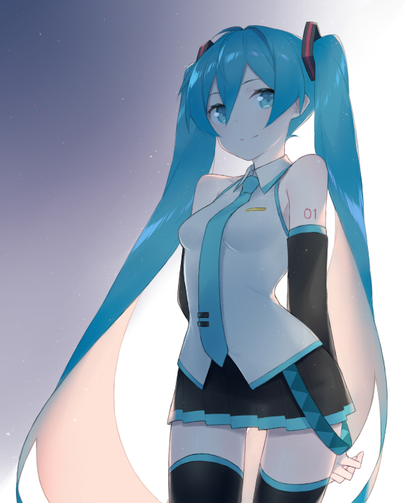 1girl bangs bare_shoulders black_legwear black_skirt blue_eyes blue_hair blue_neckwear breasts closed_mouth collared_shirt commentary_request detached_sleeves fhang gradient gradient_background hair_between_eyes hair_ornament hatsune_miku head_tilt long_hair long_sleeves looking_at_viewer necktie pleated_skirt purple_background shirt sidelocks skirt sleeveless sleeveless_shirt small_breasts smile solo thigh-highs twintails very_long_hair vocaloid white_background white_shirt