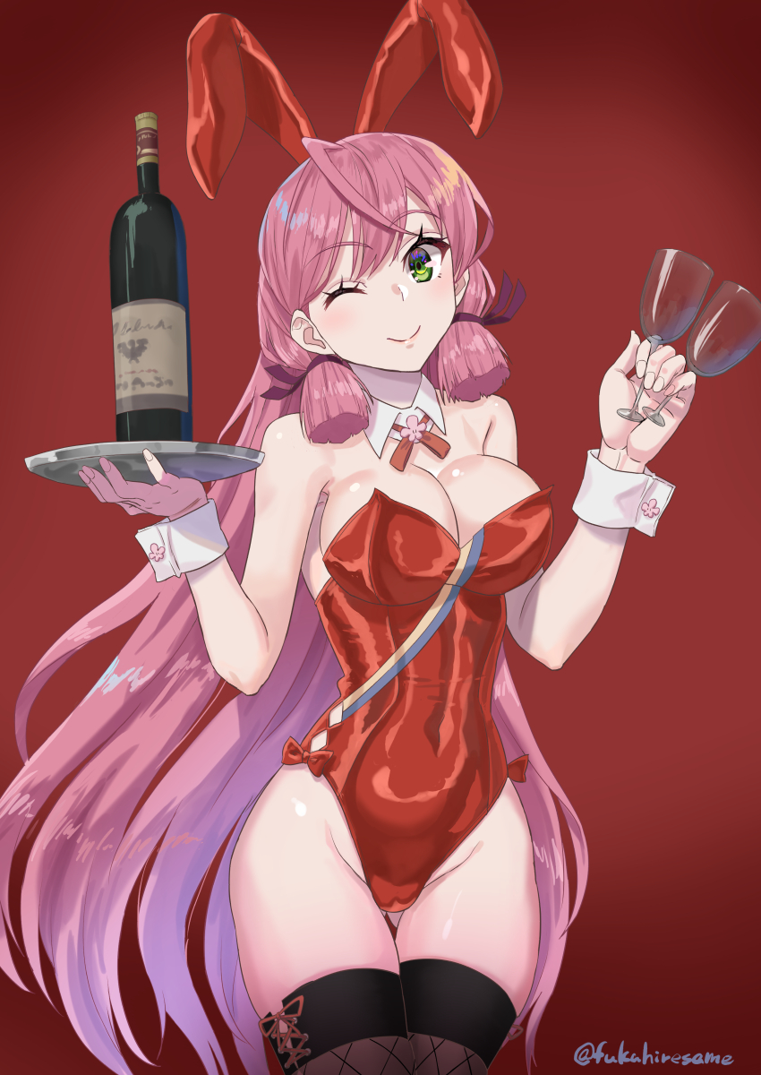 1girl akashi_(kantai_collection) animal_ears blush bottle breasts bunnysuit closed_mouth cup drinking_glass eyebrows_visible_through_hair fake_animal_ears gluteal_fold green_eyes groin highres kantai_collection large_breasts long_hair looking_at_viewer one_eye_closed pink_hair rabbit_ears same_no_fukahire smile solo thighs very_long_hair wine_bottle wine_glass