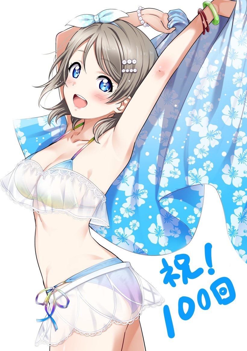 1girl bangs bikini blue_eyes hair_between_eyes hair_ornament hair_ribbon hairclip looking_at_viewer love_live! love_live!_sunshine!! ribbon rozen5 simple_background solo swimsuit watanabe_you white_background