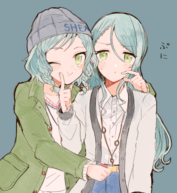 2girls bang_dream! blue_hair blush braid green_eyes hikawa_hina hikawa_sayo hood hoodie itomugi-kun long_hair multiple_girls one_eye_closed short_hair siblings simple_background sisters skirt smile sweatdrop translated twins upper_body