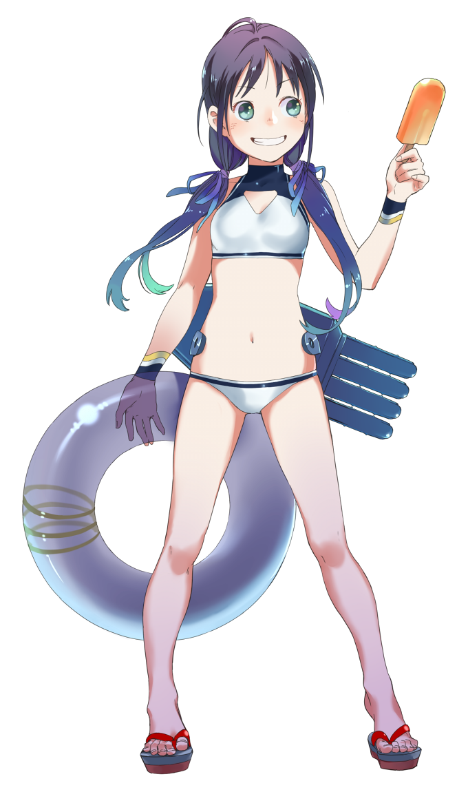 1girl bikini blue_hair cannon food full_body green_eyes grin innertube kantai_collection long_hair looking_to_the_side low_twintails machinery navel popsicle ribbon sandals smile solo suzukaze_(kantai_collection) swimsuit tank_top transparent_background turret twintails uyama_hajime white_bikini wristband