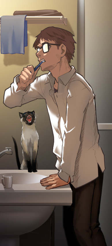 1boy arm_support as109 as109's_cat bathroom brushing_teeth cat collared_shirt commentary_request dress_shirt faucet from_side glasses indoors long_sleeves male_focus official_art opaque_glasses original pants shirt siamese_cat sink solo wing_collar