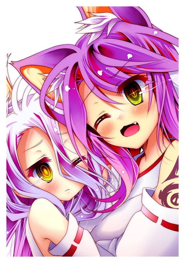 2girls :3 animal_ears blue_hair blush breasts closed_mouth commentary_request detached_sleeves fang gradient_hair japanese_clothes jibril_(no_game_no_life) kemonomimi_mode large_breasts long_hair miko mimi0846 multicolored_hair multiple_girls no_game_no_life one_eye_closed open_mouth purple_hair shiro_(no_game_no_life) smile tattoo very_long_hair yellow_eyes