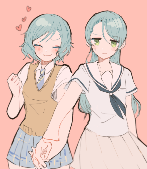 2girls bang_dream! blue_hair blush closed_eyes green_eyes hand_holding heart hikawa_hina hikawa_sayo itomugi-kun long_hair multiple_girls necktie pink_background sailor_collar short_hair siblings sisters skirt smile sweatdrop twins vest