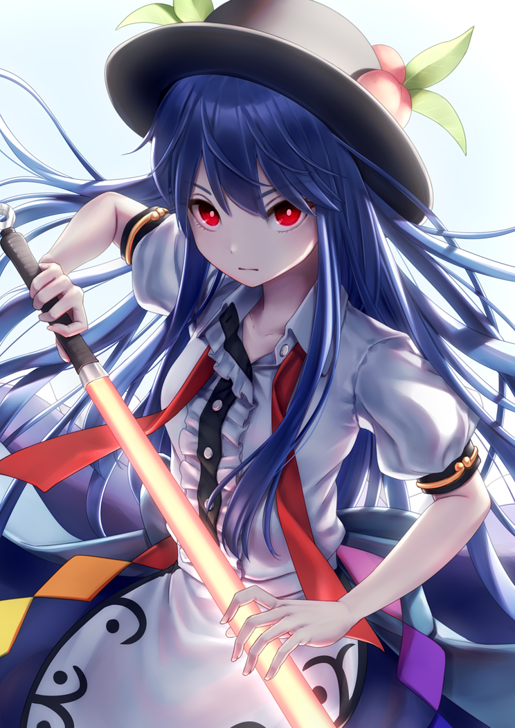 1girl bangs black_hat blouse blue_hair blue_skirt blue_sky breasts center_frills collarbone commentary_request cowboy_shot day dtvisu eyebrows_visible_through_hair food fruit glowing glowing_sword glowing_weapon hair_between_eyes hat hinanawi_tenshi holding holding_sword holding_weapon leaf long_hair looking_at_viewer outdoors peach puffy_short_sleeves puffy_sleeves red_eyes red_ribbon ribbon short_sleeves sidelocks skirt sky small_breasts solo sword sword_of_hisou touhou very_long_hair weapon white_blouse wing_collar