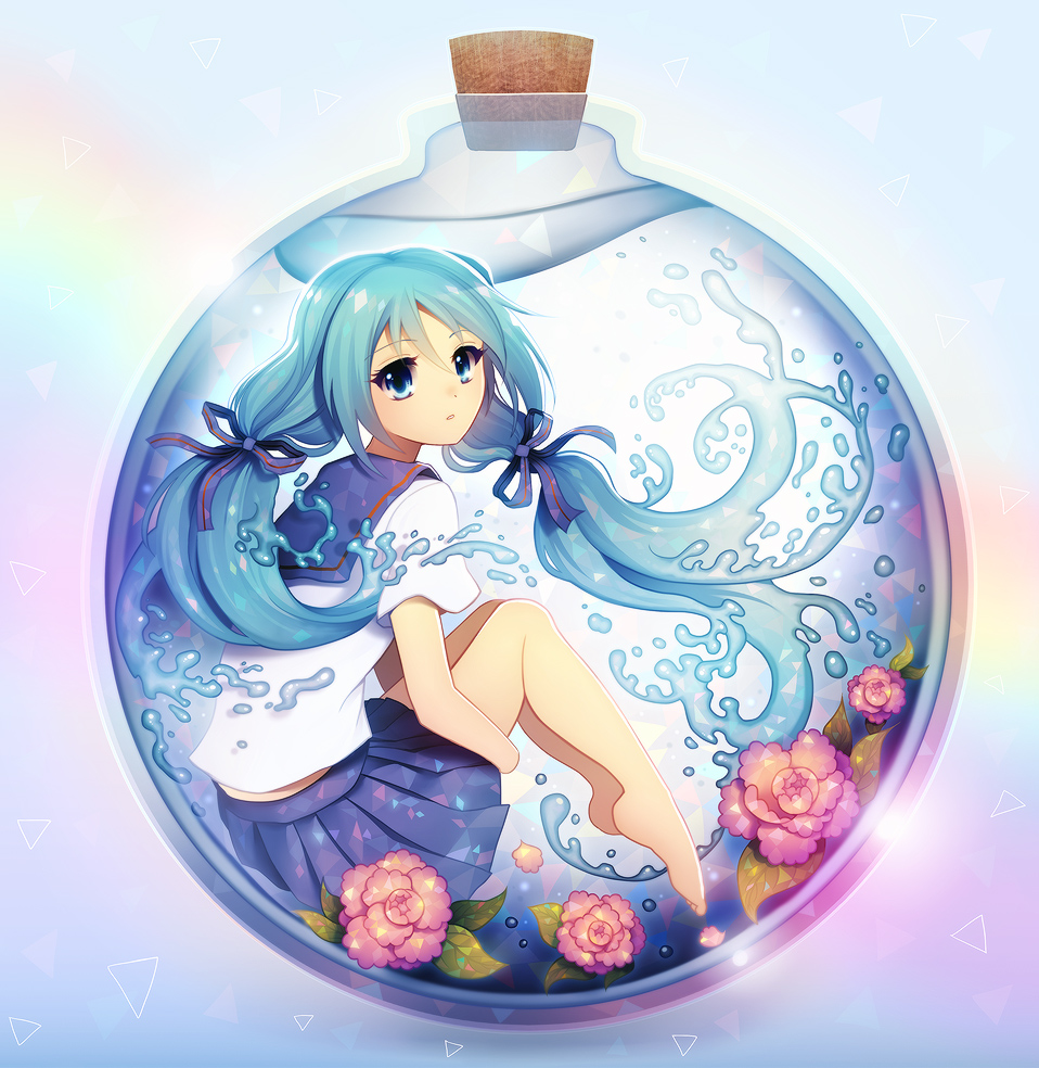 1girl blue_eyes blue_hair bottle bottle_miku floating flower full_body hair_ribbon hatsune_miku liquid_hair long_hair longestdistance peony_(flower) ribbon sailor_collar solo twintails vocaloid