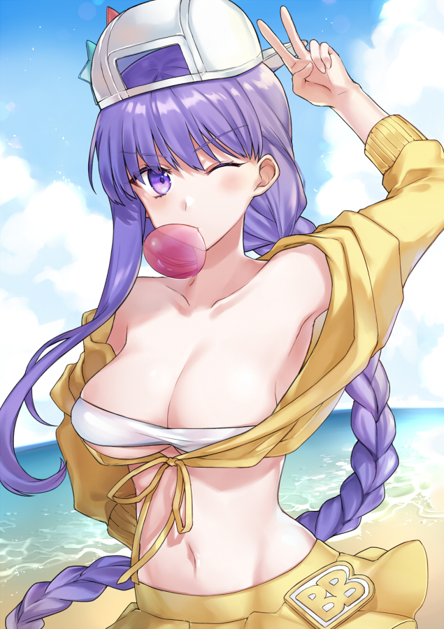 1girl arm_up backwards_hat bangs bare_shoulders baseball_cap bb_(swimsuit_mooncancer)_(fate) beach blue_sky blush braid breasts character_name cleavage clouds cloudy_sky collarbone commentary_request day eyebrows_visible_through_hair fate/grand_order fate_(series) front-tie_top hair_between_eyes hat horizon jacket large_breasts long_hair long_sleeves midriff navel ocean off_shoulder one_eye_closed outdoors pleated_skirt purple_hair sand shiao sidelocks single_braid skirt sky solo v v-shaped_eyebrows very_long_hair violet_eyes water white_hat yellow_jacket yellow_skirt