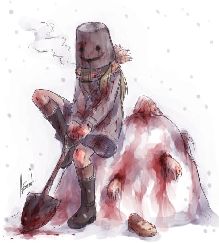 1girl aosora_(mizore) blonde_hair blood bloody_clothes boots breath brown_footwear brown_legwear bucket burying coat long_hair long_sleeves original scarf shoes shovel skirt snow snowing solo uwabaki