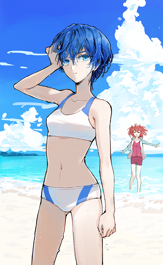 2girls akuma_no_riddle azuma_tokaku beach bikini blue_eyes blue_hair blue_sky clouds colored_eyelashes diomedea hand_in_hair ichinose_haru kadokawa_shoten looking_at_viewer minakata_sunao multiple_girls navel ocean outdoors redhead sexy shore short_hair sky smile summer swimsuit tomboy twintails wet wet_hair