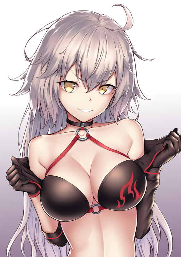 1girl ahoge bare_shoulders bikini black_bikini black_gloves black_jacket breasts choker cleavage commentary_request cropped_jacket eyebrows_visible_through_hair fate_(series) gloves gradient gradient_background hair_between_eyes jacket jeanne_d'arc_(alter)_(fate) jeanne_d'arc_(alter_swimsuit_berserker) jeanne_d'arc_(fate)_(all) large_breasts long_hair looking_at_viewer midriff o-ring open_clothes open_jacket parted_lips ryuinu sleeves_rolled_up solo swimsuit upper_body yellow_eyes