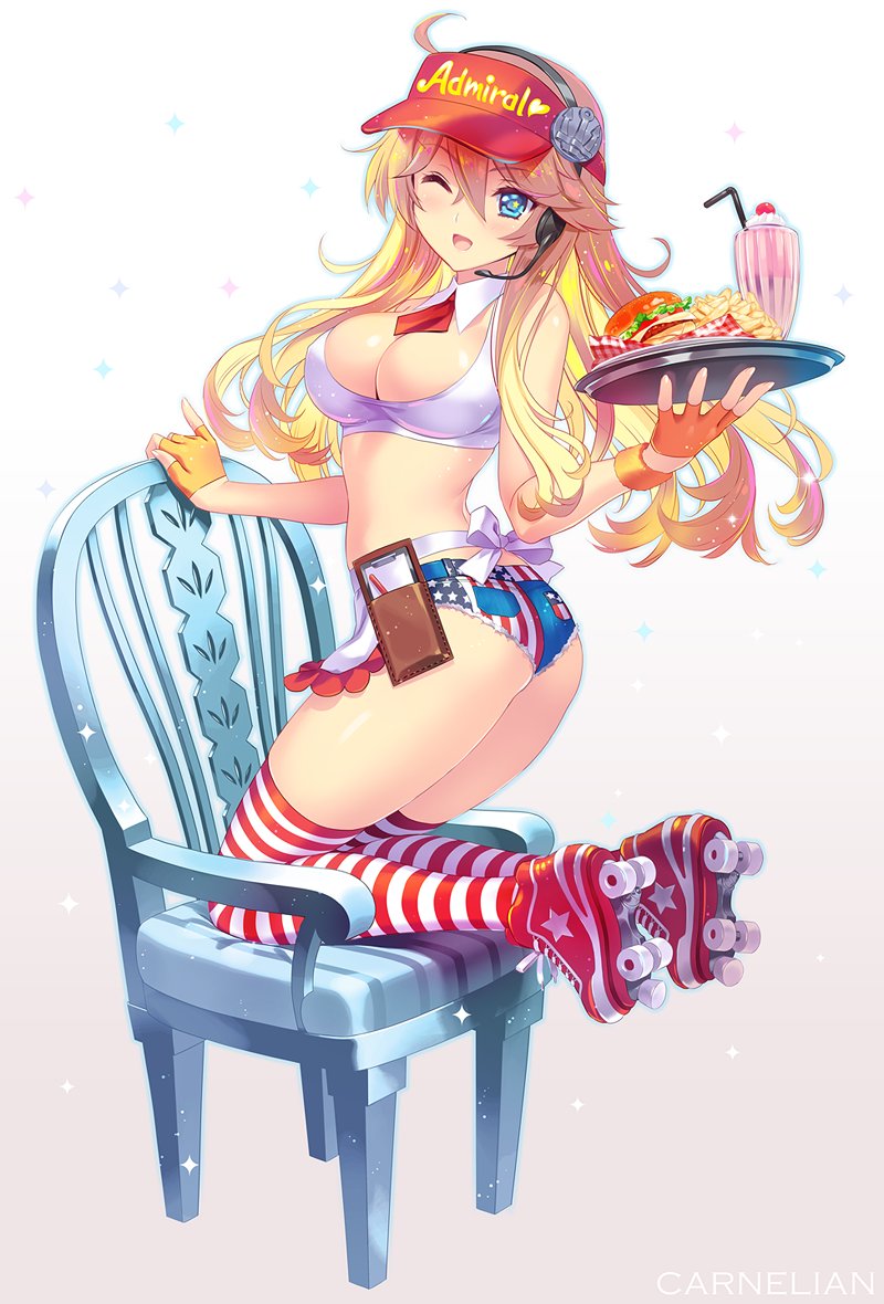 1girl ;d ahoge ass blonde_hair blue_eyes breasts carnelian chair cleavage clipboard detached_collar fingerless_gloves food french_fries gloves halter_top halterneck hamburger headset iowa_(kantai_collection) kantai_collection kneeling large_breasts legs long_hair milkshake one_eye_closed open_mouth pinky_out red_legwear roller_skates short_shorts shorts skates smile solo star star-shaped_pupils striped striped_legwear symbol-shaped_pupils thigh-highs tray visor_cap waitress