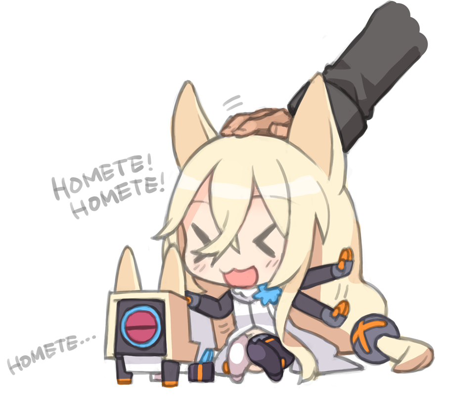 &gt;_&lt; animal_ears asymmetrical_legwear blonde_hair chibi closed_eyes dinergate_(girls_frontline) english g41_(girls_frontline) girls_frontline hand_on_another's_head happy open_mouth petting ran_system