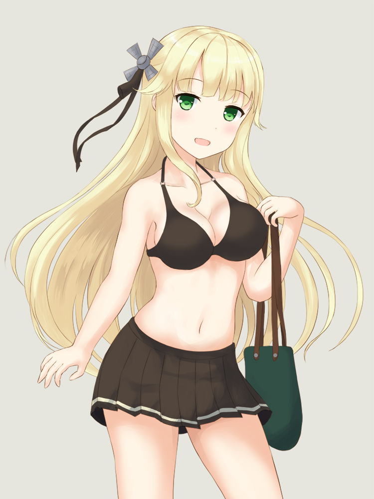 1girl :d aurora_(f10)_(azur_lane) azur_lane bag bare_arms bare_shoulders bikini_top black_bikini_top black_skirt blonde_hair blush breasts cleavage collarbone commentary_request cowboy_shot green_eyes grey_background hair_ornament hand_up harusaki_(harusaki0719) head_tilt long_hair looking_at_viewer medium_breasts o-ring o-ring_bikini o-ring_top open_mouth pleated_skirt shoulder_bag sidelocks simple_background skirt smile solo standing very_long_hair