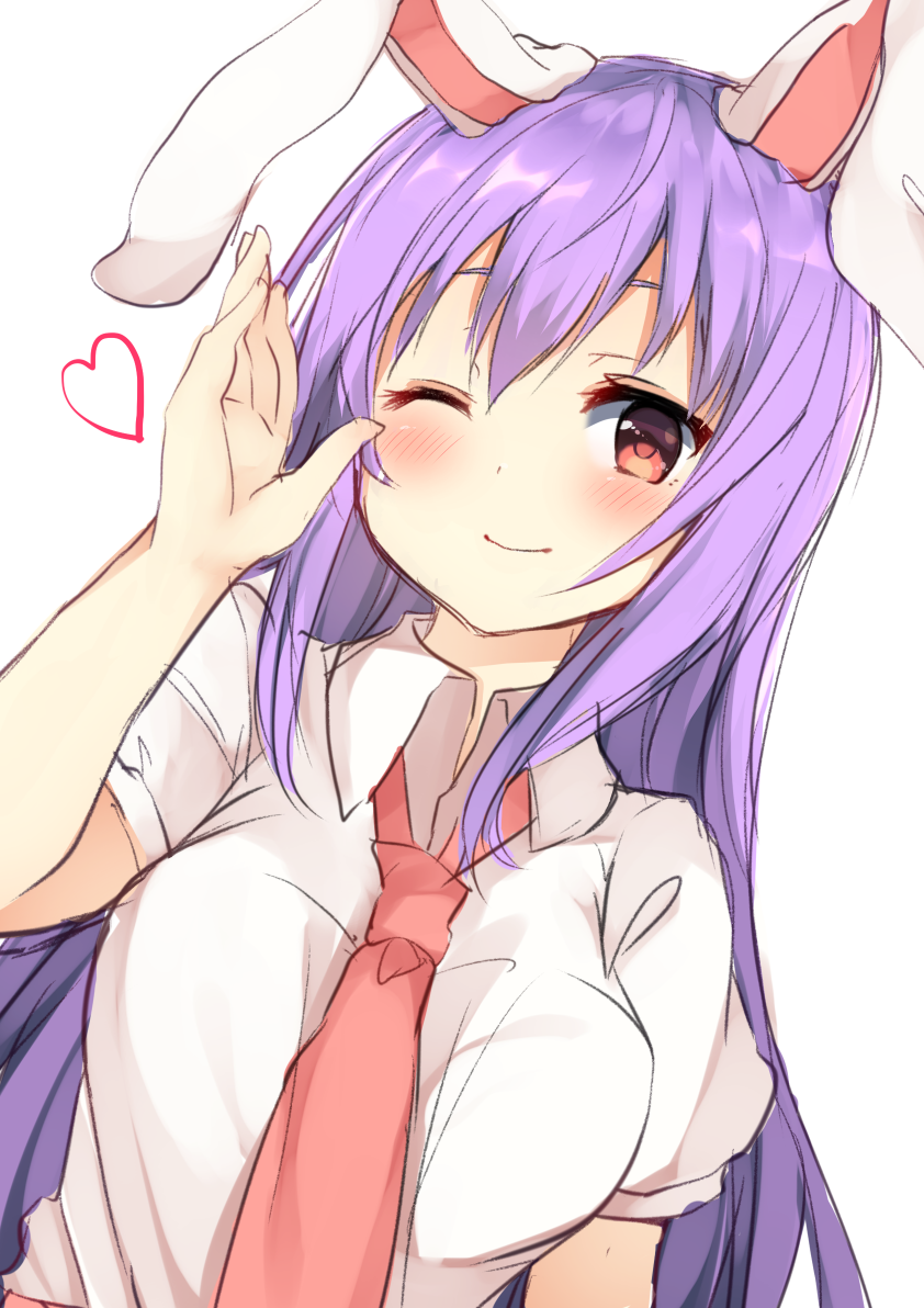 1girl ;) animal_ears bangs blush breasts commentary_request dutch_angle hair_between_eyes hand_up heart karasusou_nano large_breasts long_hair looking_at_viewer necktie one_eye_closed pink_neckwear puffy_short_sleeves puffy_sleeves purple_hair rabbit_ears red_eyes reisen_udongein_inaba shirt short_sleeves sidelocks simple_background smile solo touhou upper_body white_background white_shirt wing_collar