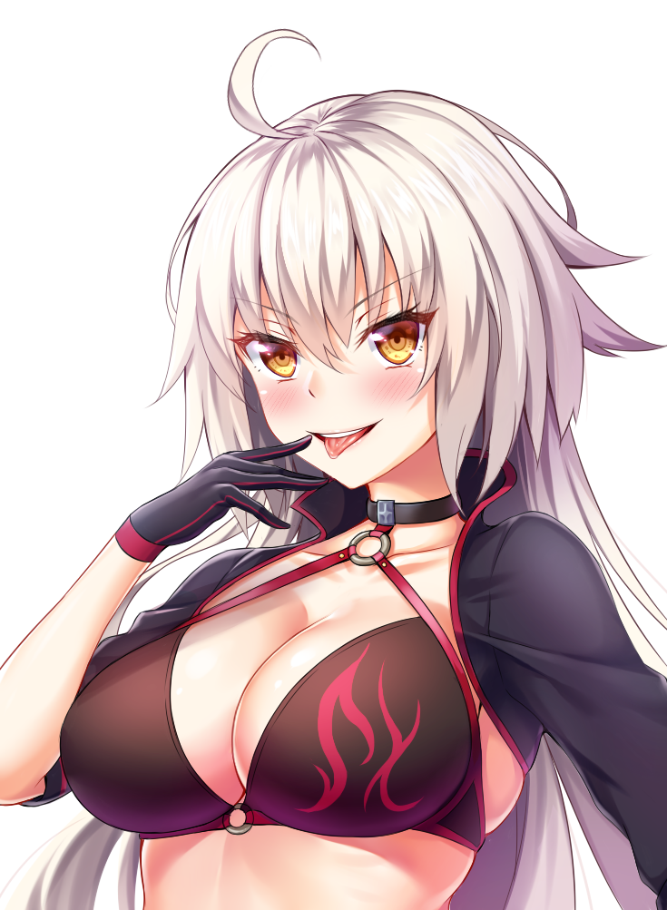 1girl :p ahoge bikini_top black_bikini_top black_gloves blush breasts commentary_request eyebrows_visible_through_hair fate/grand_order fate_(series) gloves jeanne_d'arc_(alter_swimsuit_berserker) jeanne_d'arc_(fate)_(all) looking_at_viewer medium_breasts o-ring o-ring_top smile solo tongue tongue_out upper_body white_hair yellow_eyes zuizhong