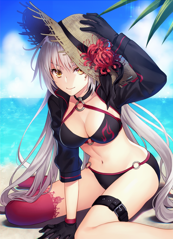 1girl arm_support beach belt bikini black_bikini black_gloves blue_sky breasts closed_mouth clouds commentary_request day eyebrows_visible_through_hair fate/grand_order fate_(series) flower flower_hat gloves hand_on_headwear hat jeanne_d'arc_(alter)_(fate) jeanne_d'arc_(alter_swimsuit_berserker) jeanne_d'arc_(fate)_(all) leg_belt long_hair long_sleeves looking_at_viewer medium_breasts navel o-ring o-ring_bikini ocean red_legwear silver_hair single_thighhigh sitting sky solo straw_hat swimsuit thigh-highs yamyom yellow_eyes
