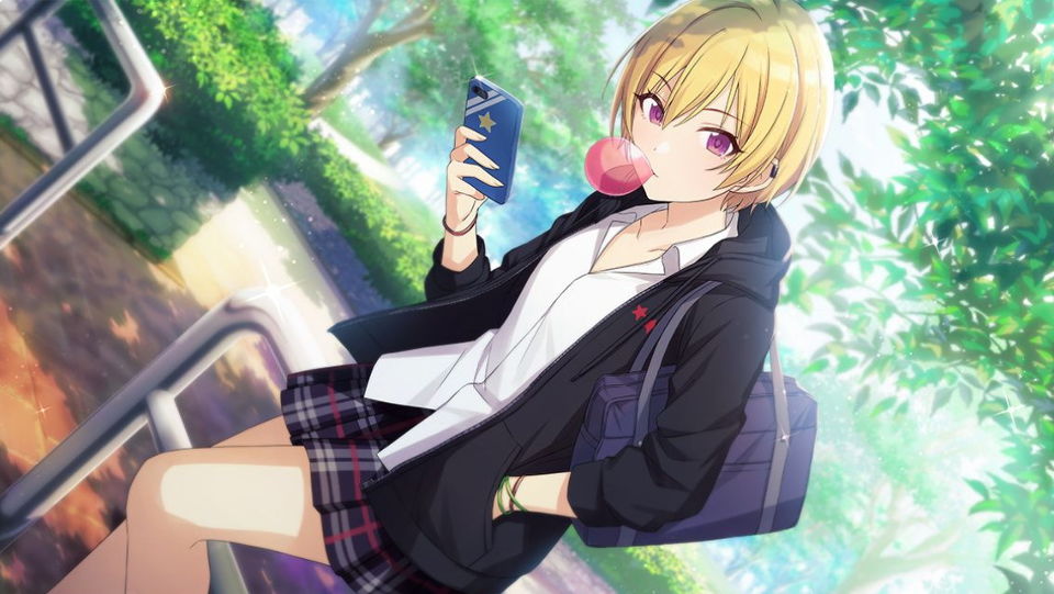 blonde_hair blush cellphone gum idolmaster idolmaster_shiny_colors jacket saijo_juri short_hair violet_eyes