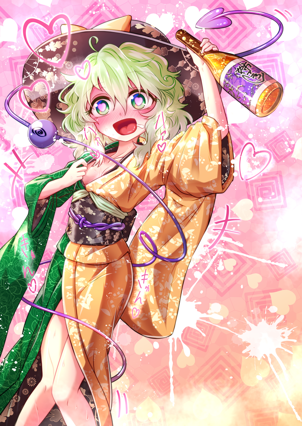 +++ 1girl alcohol alternate_costume arm_up bangs blush bottle bow breasts commentary_request drooling drunk eyebrows_visible_through_hair furisode green_eyes green_hair hair_between_eyes hat hat_bow heart heart-shaped_pupils highres holding holding_bottle japanese_clothes kimono knees_together_feet_apart komeiji_koishi looking_at_viewer nomayo nose_blush obi open_mouth saliva sash small_breasts solo sweat symbol-shaped_pupils tasuki third_eye touhou yellow_bow