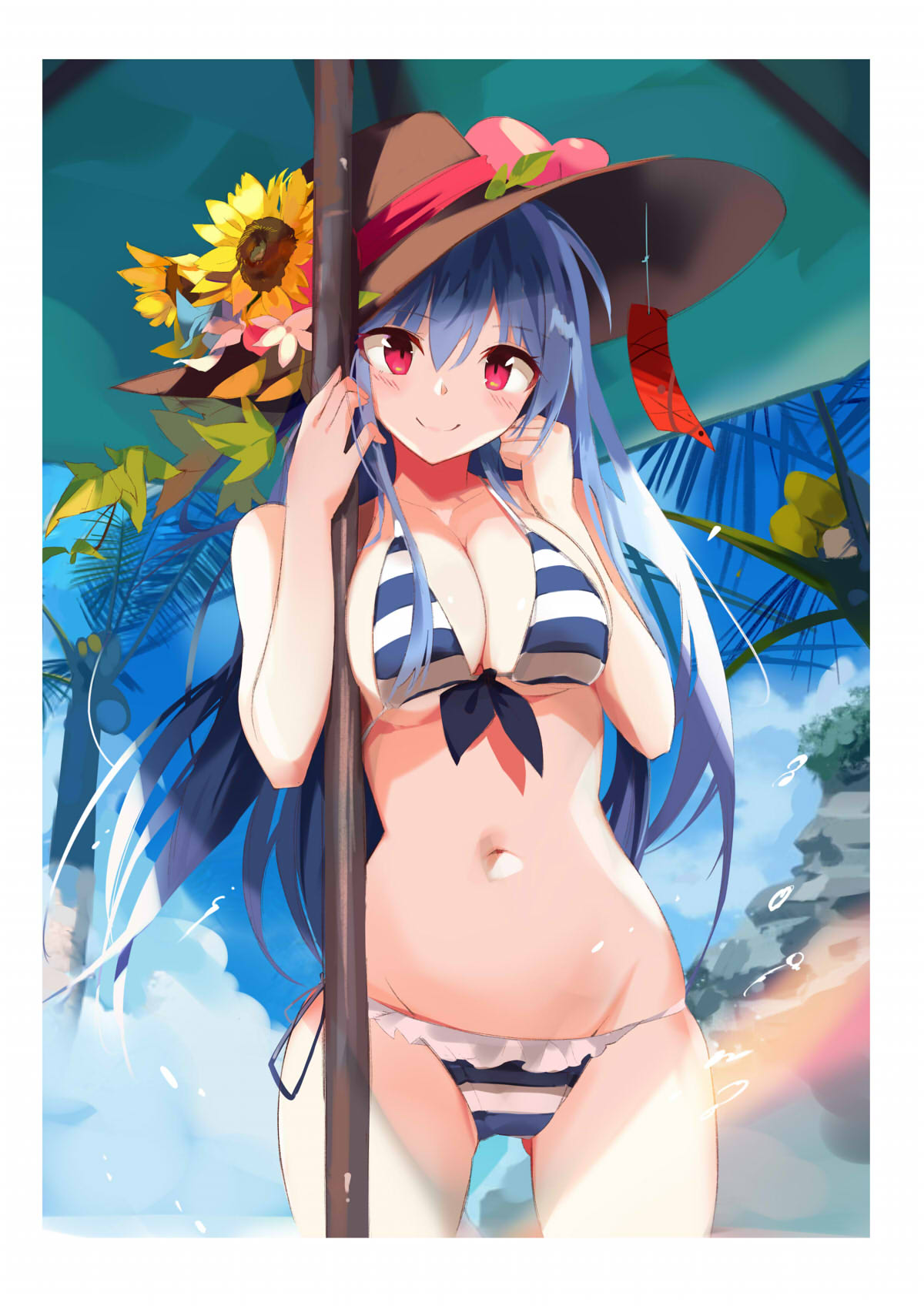 1girl alternate_costume bad_arm bangs bare_shoulders beach_umbrella bikini blue_bikini blue_hair blue_ribbon blue_sky blurry blush border breasts brown_hat cleavage clenched_hand closed_mouth commentary_request contemporary cowboy_shot day depth_of_field eyebrows_visible_through_hair flower food fruit gluteal_fold groin hair_between_eyes hands_up hat hat_flower highres hinanawi_tenshi large_breasts leaf long_hair looking_at_viewer lowleg lowleg_bikini navel peach pink_flower red_eyes ribbon skindentation sky small_breasts smile solo standing stomach striped striped_bikini sun_hat sunflower swimsuit tetsurou_(fe+) thighs touhou tree umbrella very_long_hair white_bikini white_border