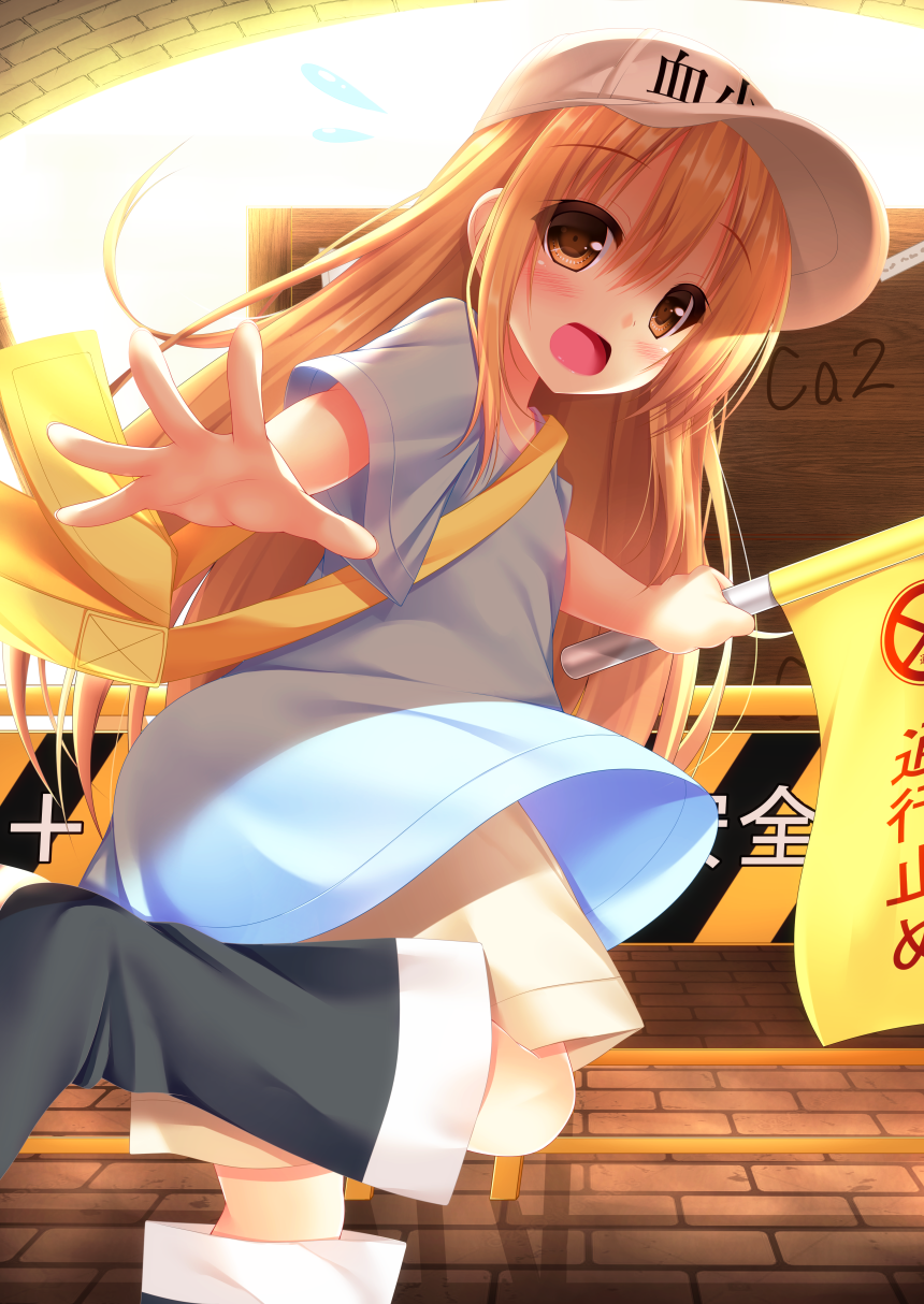1girl :d bag bangs black_footwear blue_shirt blush boots brick_floor brown_eyes brown_shorts character_name clothes_writing commentary_request eyebrows_visible_through_hair flag flat_cap flying_sweatdrops grey_hat hair_between_eyes hat hataraku_saibou highres holding holding_flag knee_boots light_brown_hair long_hair looking_at_viewer looking_to_the_side open_mouth outstretched_arm platelet_(hataraku_saibou) shirt short_shorts short_sleeves shorts shoulder_bag smile solo standing standing_on_one_leg very_long_hair wide_sleeves yunagi_amane