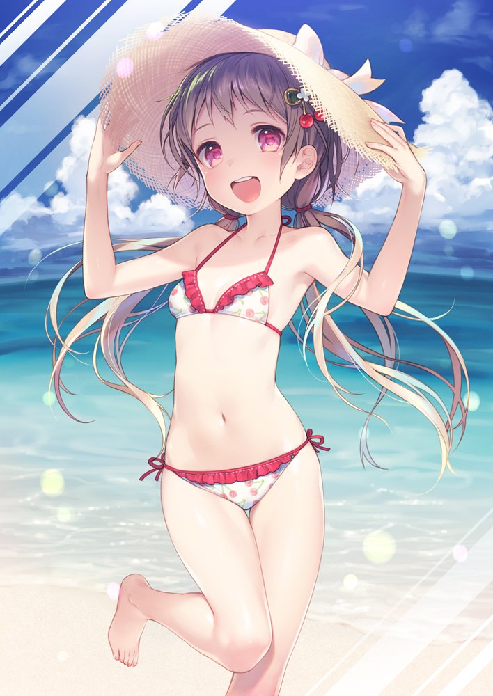 bikini blue_sky brown_hair clouds day feet_out_of_frame flat_chest floral_print frilled_bikini frills hat horizon long_hair looking_at_viewer low_twintails navel nekokan_masshigura ocean open_mouth original outdoors red_eyes side-tie_bikini sky smile standing standing_on_one_leg straw_hat sun_hat swimsuit twintails white_bikini