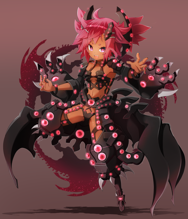 :d armor armpits bangs breasts claws commentary_request dark_skin dragon_girl duel_monster full_body gandora-x_the_dragon_of_demolition garoudo_(kadouhan'i) glowing hands_up leg_up long_sleeves looking_at_viewer navel open_mouth personification pink_eyes pink_hair red_background short_eyebrows short_hair simple_background slit_pupils small_breasts smile solo standing standing_on_one_leg thick_eyebrows tsurime v-shaped_eyebrows wide_sleeves yu-gi-oh! yuu-gi-ou yuu-gi-ou_duel_monsters yuu-gi-ou_the_dark_side_of_dimensions