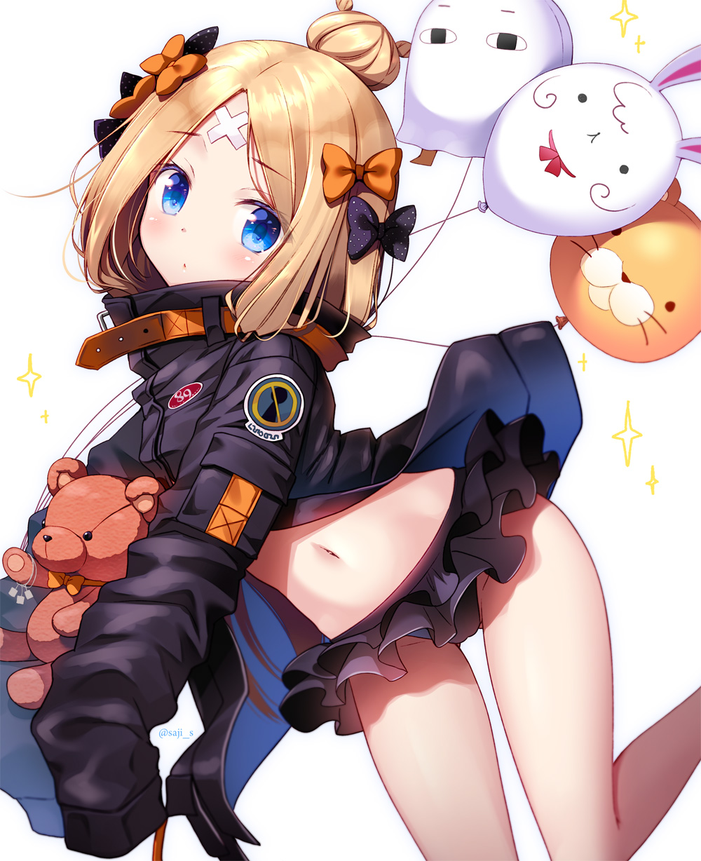 1girl abigail_williams_(fate/grand_order) balloon bangs bikini bikini_bottom bikini_under_clothes black_bikini_bottom black_bow black_jacket blonde_hair blue_eyes blush bow closed_mouth commentary_request crossed_bandaids eyebrows_visible_through_hair fate/grand_order fate_(series) fou_(fate/grand_order) hair_bow hair_bun head_tilt highres jacket long_hair long_sleeves looking_at_viewer medjed navel open_clothes open_jacket orange_bow parted_bangs polka_dot polka_dot_bow sasai_saji simple_background sleeves_past_fingers sleeves_past_wrists solo sparkle stuffed_animal stuffed_toy swimsuit teddy_bear twitter_username white_background