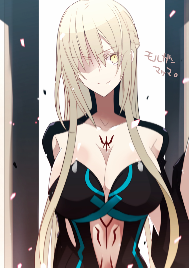1girl bangs blonde_hair braid breasts cleavage closed_mouth collarbone colored_eyelashes commentary_request crown_braid dress fate/apocrypha fate_(series) huge_breasts long_hair looking_at_viewer morgan_le_fay_(fate) nogi_(acclima) pale_skin smile solo translated very_long_hair yellow_eyes