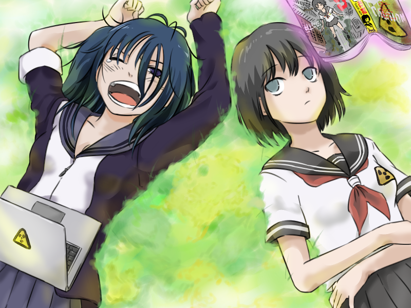 2girls arms_up asymmetrical_clothes blue_eyes blue_hair clenched_hands computer coppelion empty_eyes from_above grass ichikawa_meisa laptop lying m_o_(prftz) manga_(object) multiple_girls on_back one_eye_closed open_mouth pleated_skirt radiation_symbol school_uniform serafuku short_hair side_ponytail skirt sleeves_rolled_up telekinesis tsuburaya_mana zipper