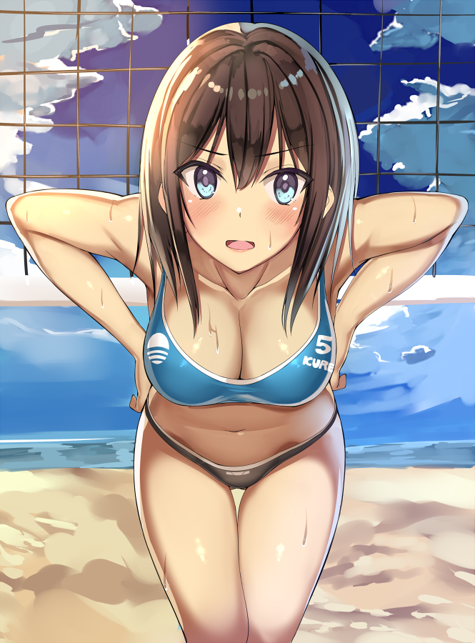 1girl bare_arms bare_shoulders beach bending_forward bikini blue_eyes blush breasts brown_hair cleavage clouds commentary_request cowboy_shot eyebrows_visible_through_hair hands_on_hips kureha_(ironika) large_breasts long_hair looking_at_viewer midriff navel open_mouth original outdoors sand sky solo sports_bikini swimsuit thigh_gap thighs volleyball_net