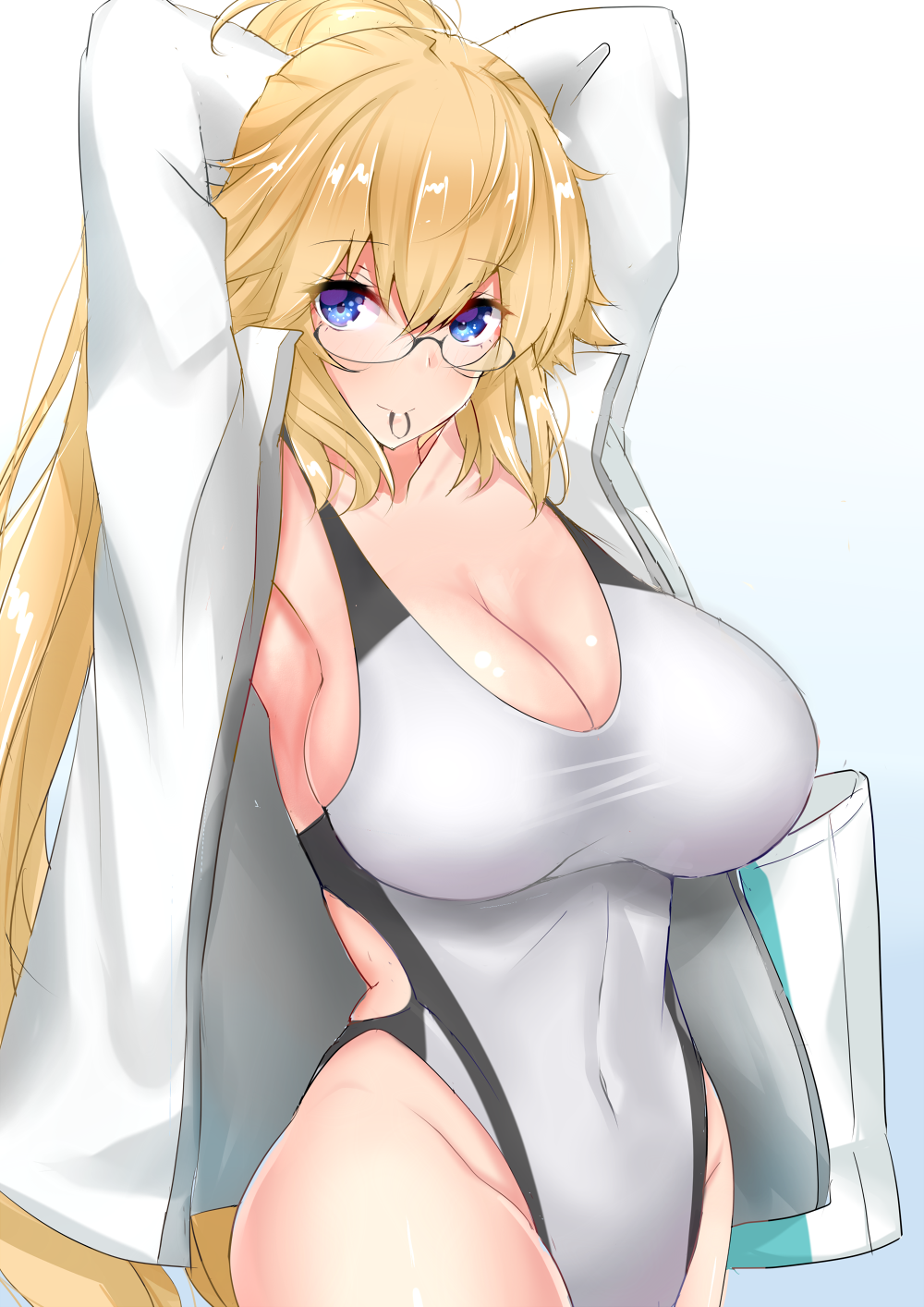 1girl armpits arms_up bag blonde_hair blue_eyes breasts competition_swimsuit covered_navel cowboy_shot fate/grand_order fate_(series) highleg highleg_swimsuit highres jacket jeanne_d'arc_(fate)_(all) jeanne_d'arc_(swimsuit_archer) large_breasts long_hair looking_at_viewer mouth_hold one-piece_swimsuit ponytail rubber_band sankakusui simple_background solo swimsuit white_background white_jacket white_swimsuit