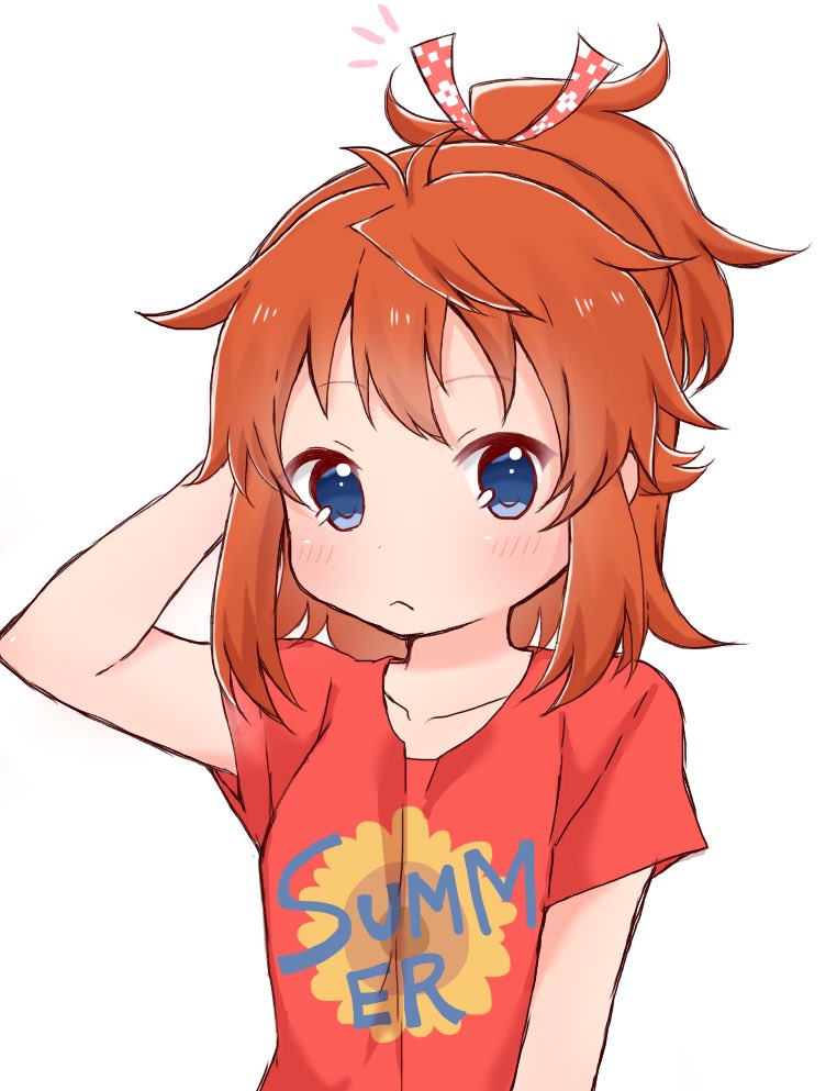 1girl :&lt; arm_up bangs blue_eyes blush brown_hair closed_mouth clothes_writing collarbone commentary_request eyebrows_visible_through_hair koshigaya_natsumi long_hair looking_at_viewer non_non_biyori notice_lines ponytail red_shirt shika_(s1ka) shirt short_sleeves simple_background solo upper_body white_background