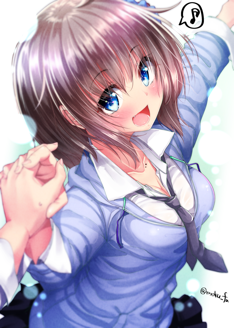 1girl :d bangs black_neckwear black_skirt blue_eyes blue_jacket blush breasts brown_hair collarbone collared_shirt eyebrows_visible_through_hair fang fingernails hair_between_eyes hand_holding highres hood hood_down hooded_jacket interlocked_fingers jacket large_breasts long_hair looking_at_viewer mokufuu mole musical_note nail_polish necktie open_mouth original out_of_frame outstretched_arm pink_nails pleated_skirt pointing pointing_forward pov pov_hands shirt sixteenth_note skirt smile solo_focus spoken_musical_note sweat twitter_username white_shirt