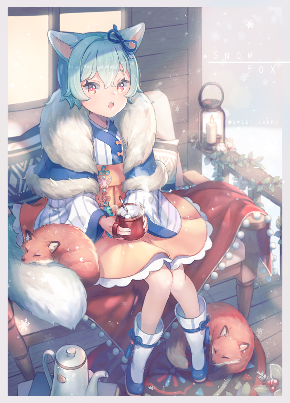 1girl animal animal_ears bangs bench blue_capelet blue_hair blue_ribbon boots brown_skirt burning candle capelet commentary cup drinking_straw fire food fox fox_ears fox_girl fox_tail fur-trimmed_capelet fur_trim hair_between_eyes hair_ribbon highres holding holding_cup lantern long_sleeves looking_at_viewer marshmallow mug original outdoors parted_lips rapueru red_eyes ribbon sitting skirt solo steam striped tail teapot twitter_username upper_teeth vertical_stripes white_footwear wide_sleeves window wooden_floor wooden_wall