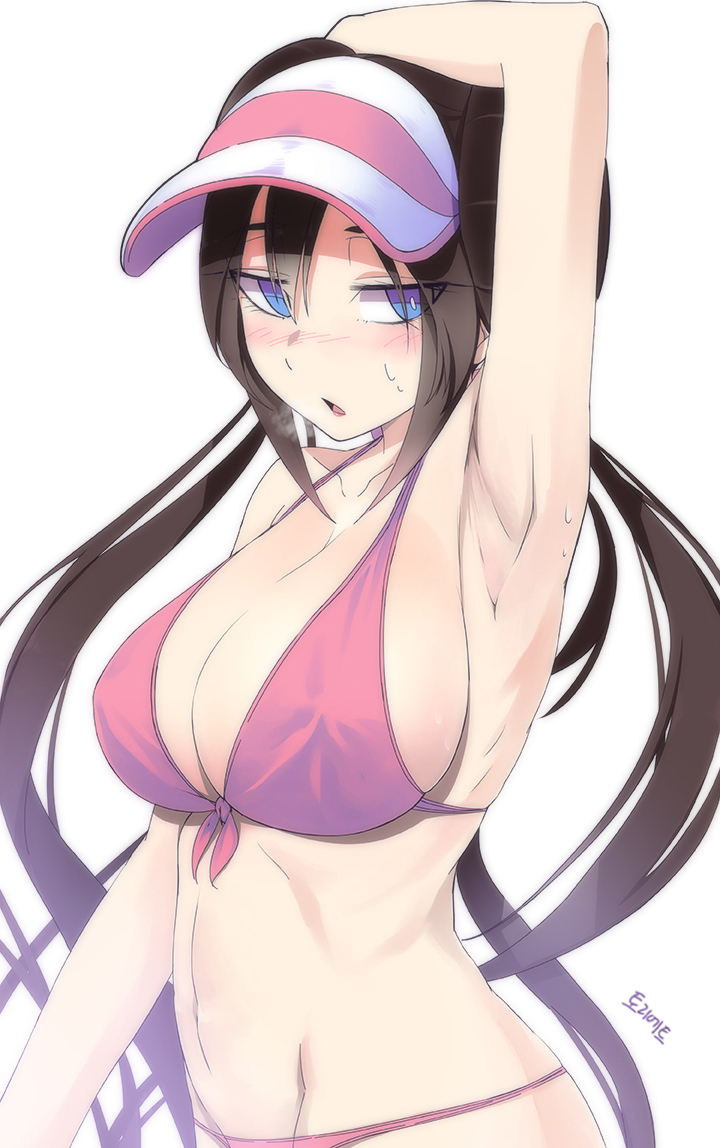 1girl arm_up armpits bikini blue_eyes blush breasts breath brown_hair cleavage commentary_request covered_nipples creatures_(company) double_bun game_freak half-closed_eyes hand_behind_head heavy_breathing korean_commentary large_breasts long_hair looking_to_the_side mei_(pokemon) navel nintendo open_mouth pink_bikini pink_lips pokemon pokemon_(game) pokemon_bw2 revision sideboob simple_background solo stomach sweat swimsuit torieto twintails visor_cap white_background