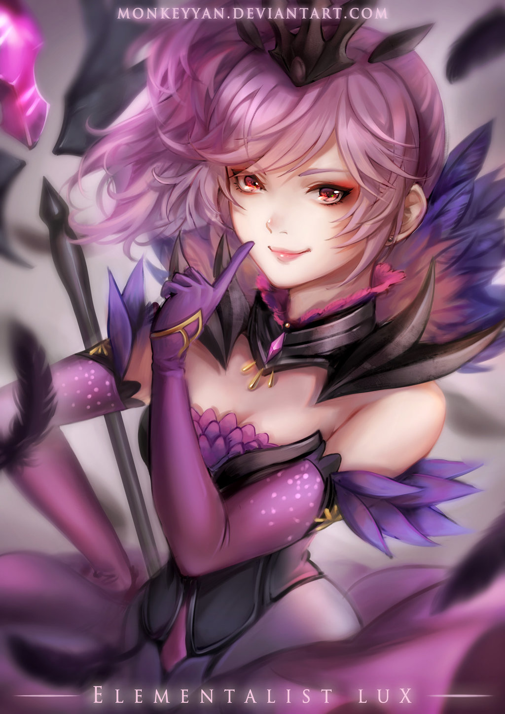 1girl black_feathers breasts cleavage dark_elementalist_lux elbow_gloves elementalist_lux gloves highres league_of_legends luxanna_crownguard medium_breasts purple_hair red_eyes tagme wand yan_wong