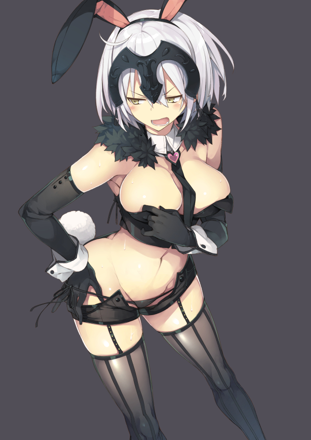 1girl alternate_costume animal_ears black_legwear blush breasts bunny_girl bunnysuit butt_crack cleavage commentary_request cowboy_shot detached_collar dutch_angle elbow_gloves eyebrows_visible_through_hair fate/grand_order fate_(series) from_above garter_belt gloves grey_background grey_hair hand_on_hip headpiece jeanne_d'arc_(alter)_(fate) jeanne_d'arc_(fate)_(all) large_breasts necktie panties rabbit_ears side-tie_panties solo thigh-highs underwear wrist_cuffs yellow_eyes yuguru
