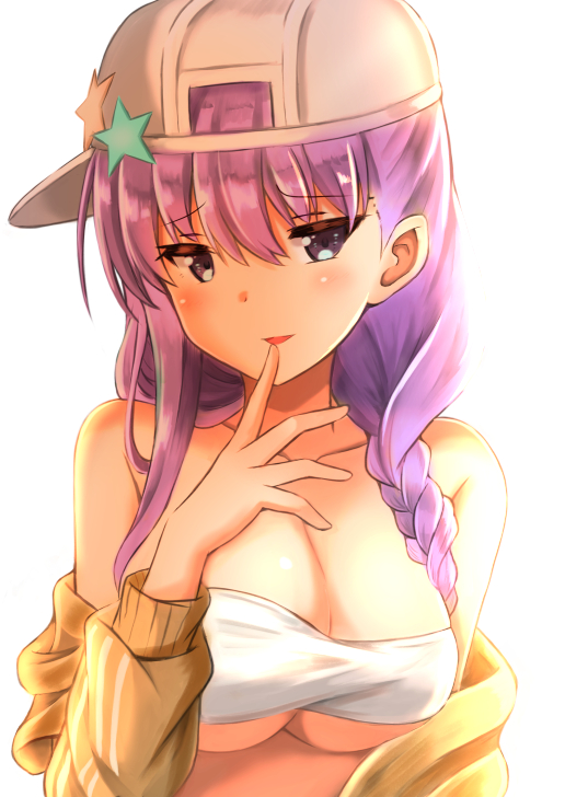 1girl bangs bare_shoulders bb_(fate/extra_ccc) bb_(swimsuit_mooncancer)_(fate) bikini blue_eyes blush braid breasts cleavage collarbone commentary_request eyebrows_visible_through_hair fate/grand_order fate_(series) flat_cap grey_hat hair_between_eyes hat head_tilt jacket large_breasts long_hair looking_at_viewer parted_lips purple_hair shibakame sideways_hat simple_background smile solo swimsuit white_background white_bikini yellow_jacket