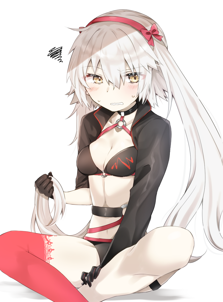 1girl abe_suke asymmetrical_legwear bangs bikini black_bikini black_gloves black_jacket blush bow breasts brown_eyes cleavage commentary_request eyebrows_visible_through_hair fate/grand_order fate_(series) gloves hair_between_eyes hair_bow hairband hand_on_leg holding holding_hair jacket jeanne_d'arc_(alter_swimsuit_berserker) jeanne_d'arc_(fate)_(all) long_hair long_sleeves looking_at_viewer medium_breasts o-ring o-ring_bikini o-ring_top parted_lips red_bow red_hairband red_legwear silver_hair single_thighhigh sitting solo squiggle sweat swimsuit thigh-highs v-shaped_eyebrows very_long_hair wavy_mouth white_background