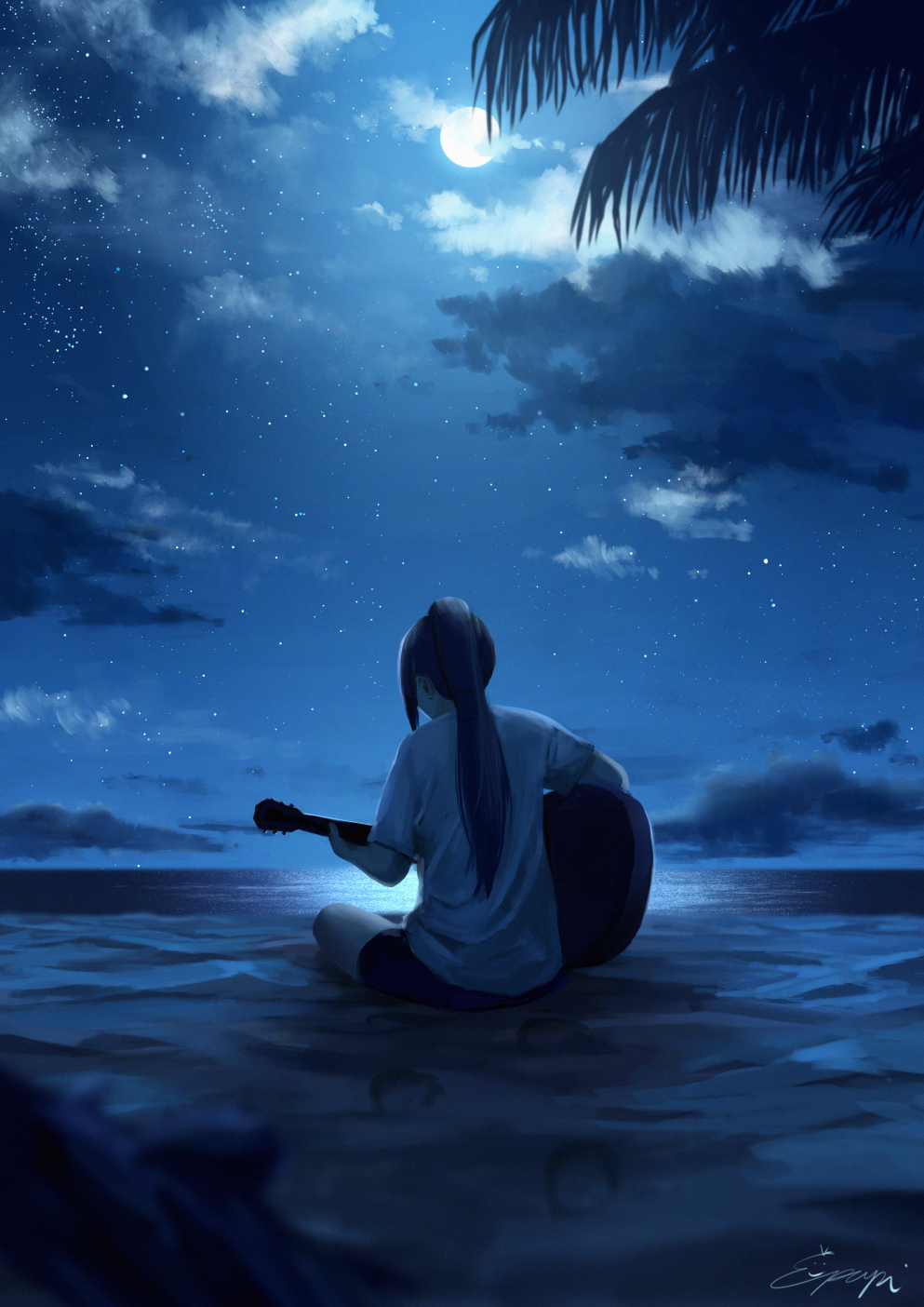 1girl beach clouds facing_away from_behind guitar highres instrument long_hair love_live! love_live!_sunshine!! matsuura_kanan moon moonlight music night night_sky outdoors papi_(papiron100) playing_instrument ponytail shirt shorts sidelocks signature sitting sky solo star_(sky) starry_sky t-shirt tree