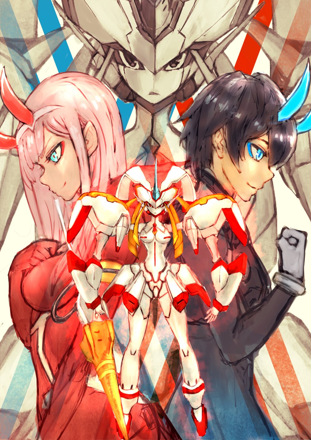 1boy 1girl back-to-back bangs black_bodysuit black_hair blue_eyes blue_horns bodysuit breasts clenched_hand commentary_request couple darling_in_the_franxx gloves green_eyes hair_ornament hairband hand_on_own_chest hetero highres hiro_(darling_in_the_franxx) horns long_hair mecha medium_breasts oni_horns pilot_suit pink_hair red_bodysuit red_gloves red_horns red_pupils sabamisob short_hair strelizia white_gloves white_hairband zero_two_(darling_in_the_franxx)